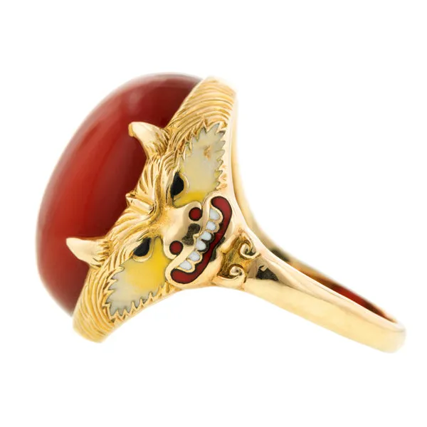 Art Deco Carnelian Enamel Dragon Ring