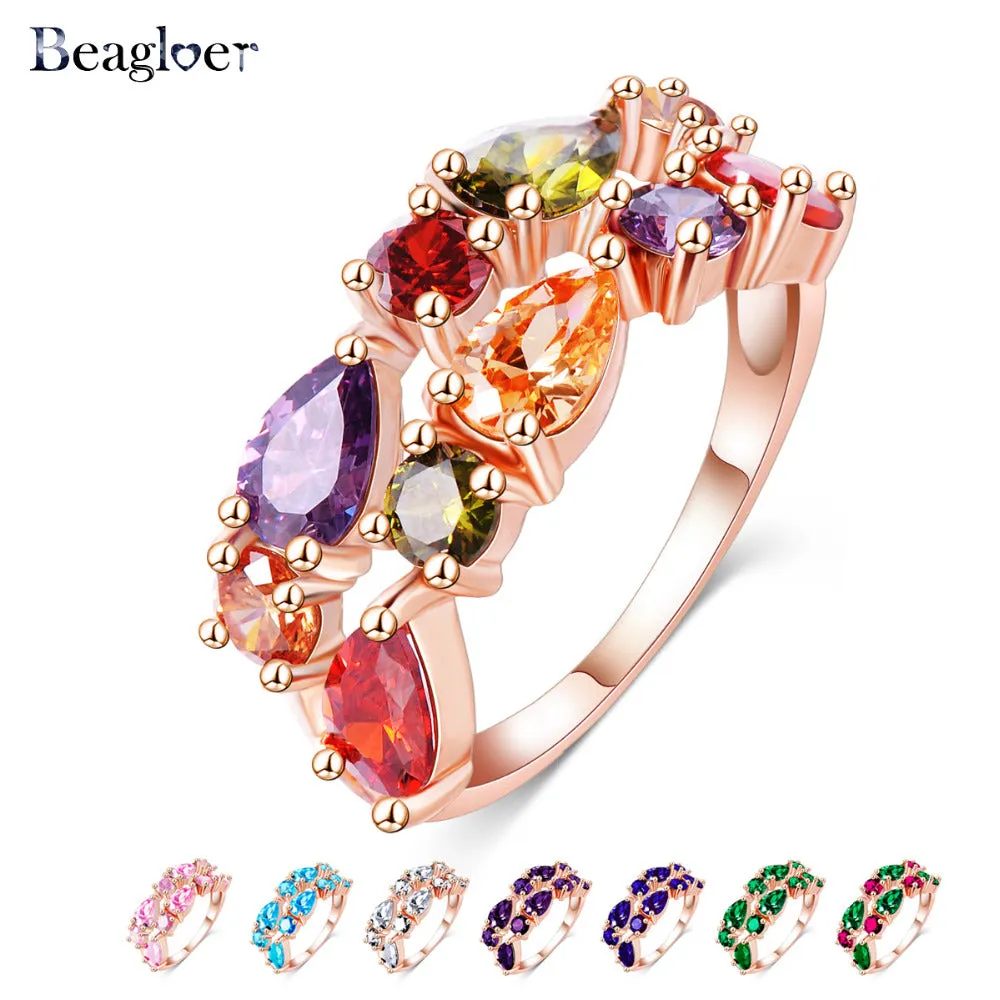 Beagloer Fashion Top Sale Colorful Rose Gold Color AAA Zircon Wedding bijoux Rings  Jewelry For Women CRI0242-A