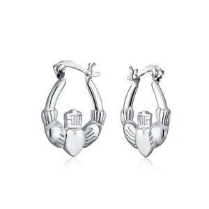 BFF Love Heart Celtic Claddagh Hoop Huggie Earrings Sterling Silver .55 Inch