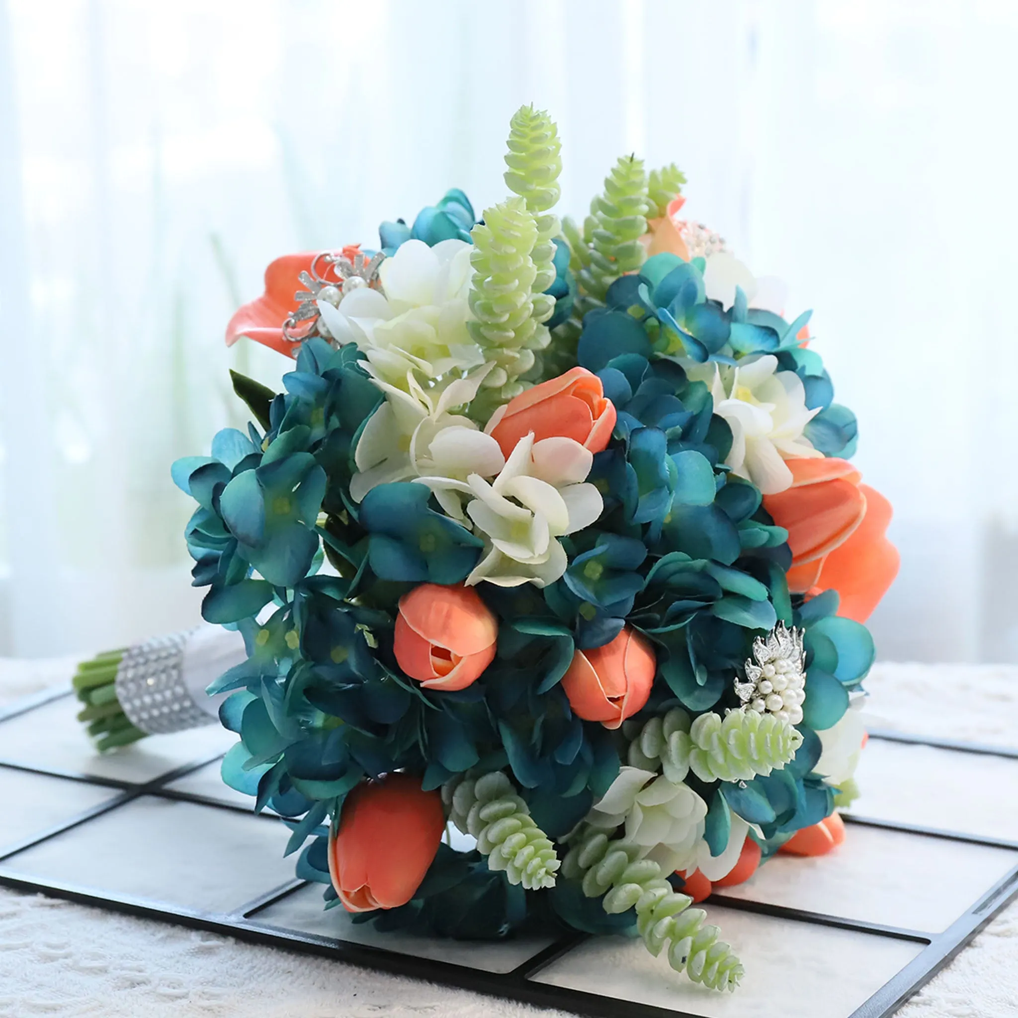 Bridal Bouquet Coral Calla Lily Tulips Teal Hydrangea