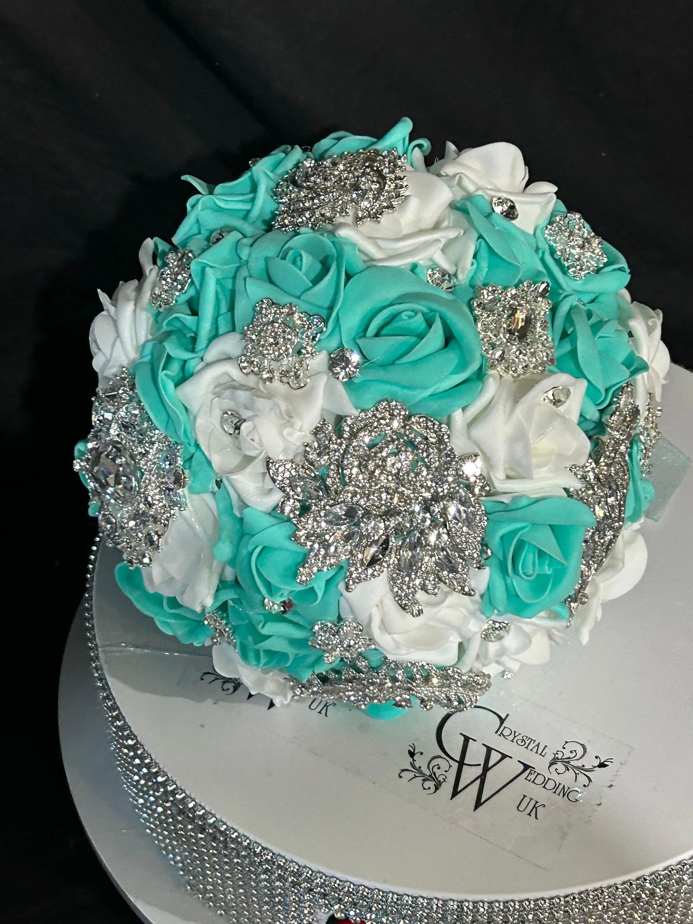 Brooch Bouquet,Robins egg blue, duck egg blue teal rose bouquet. by Crystal wedding uk