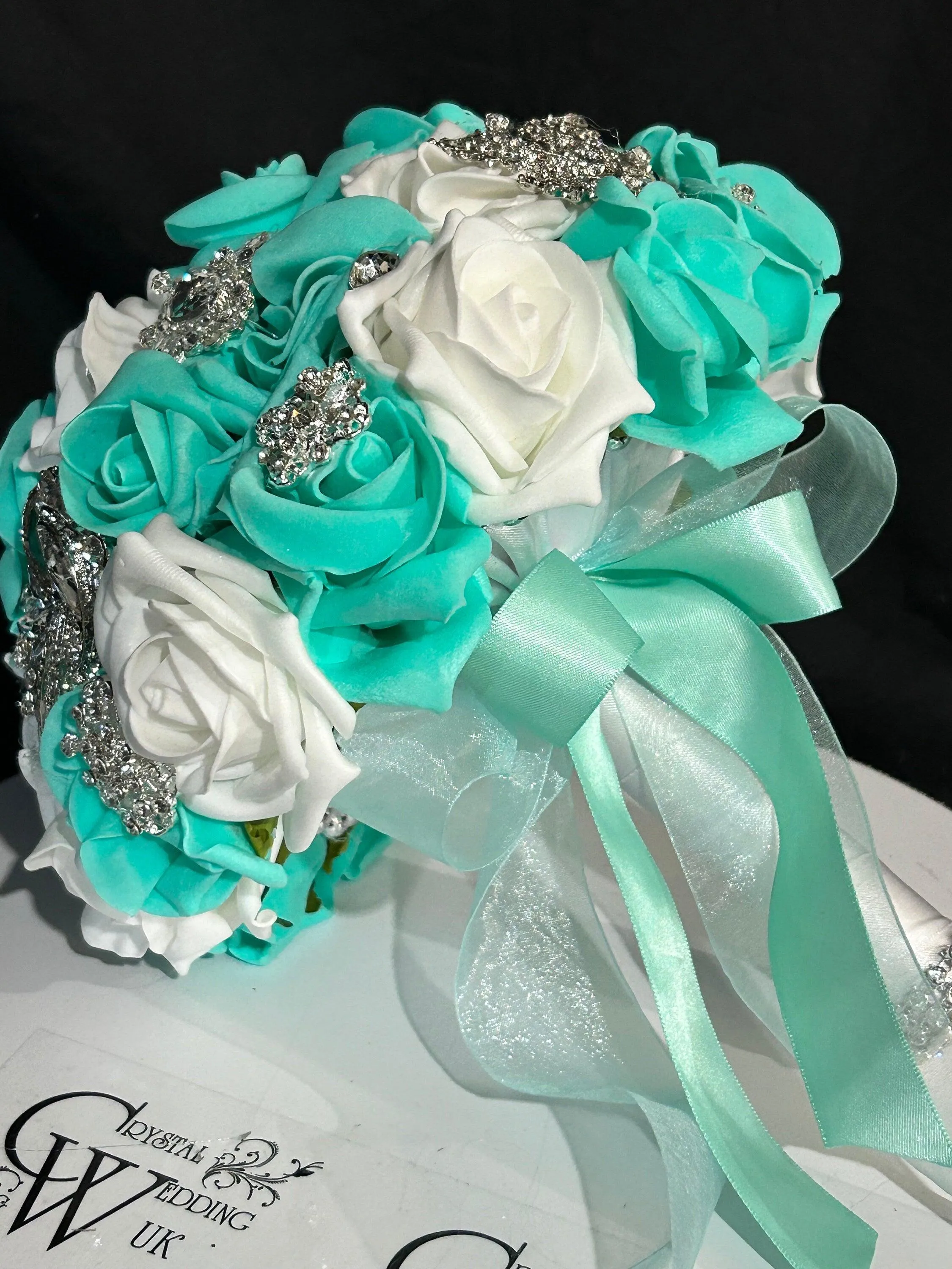 Brooch Bouquet,Robins egg blue, duck egg blue teal rose bouquet. by Crystal wedding uk