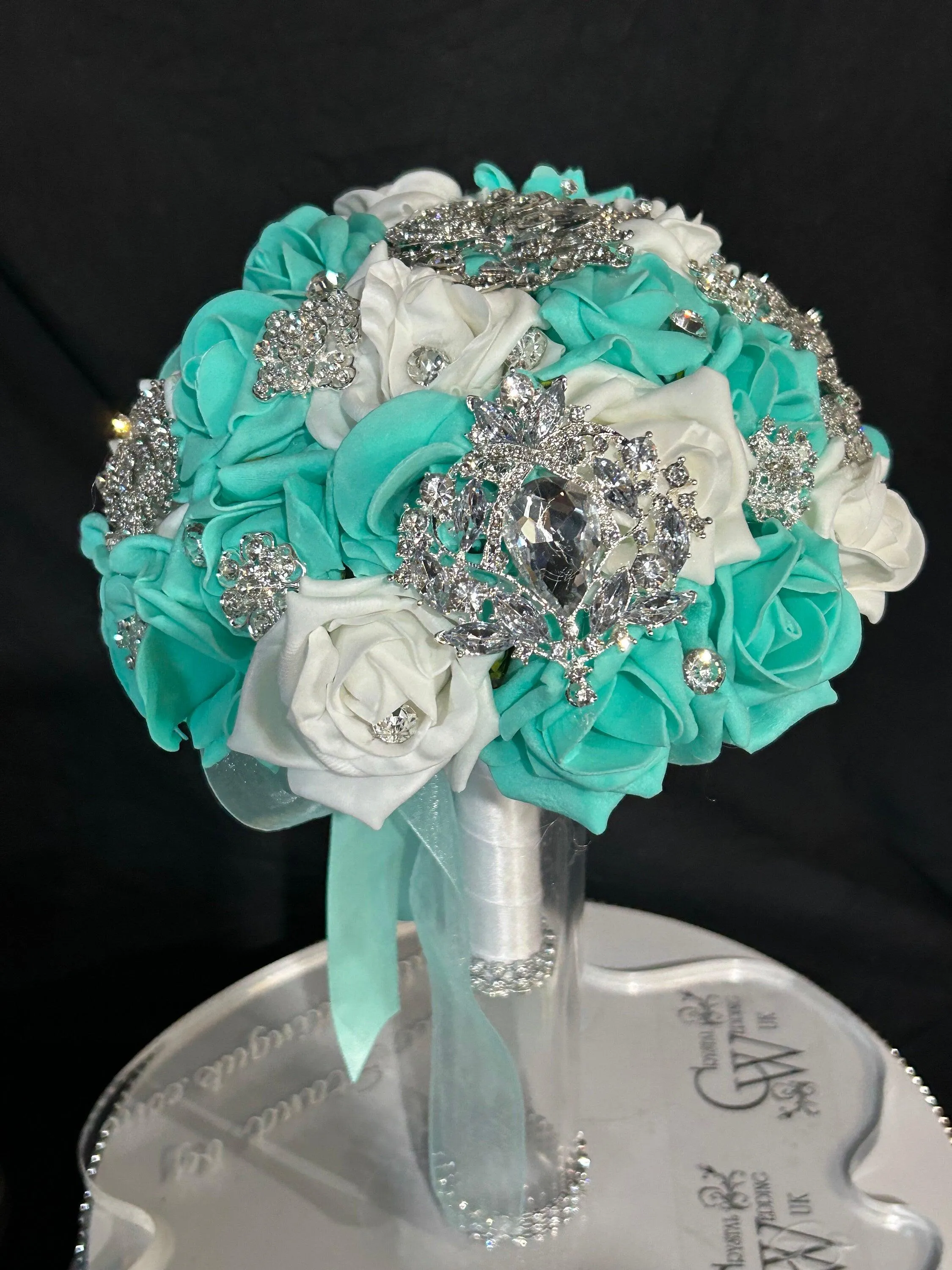 Brooch Bouquet,Robins egg blue, duck egg blue teal rose bouquet. by Crystal wedding uk