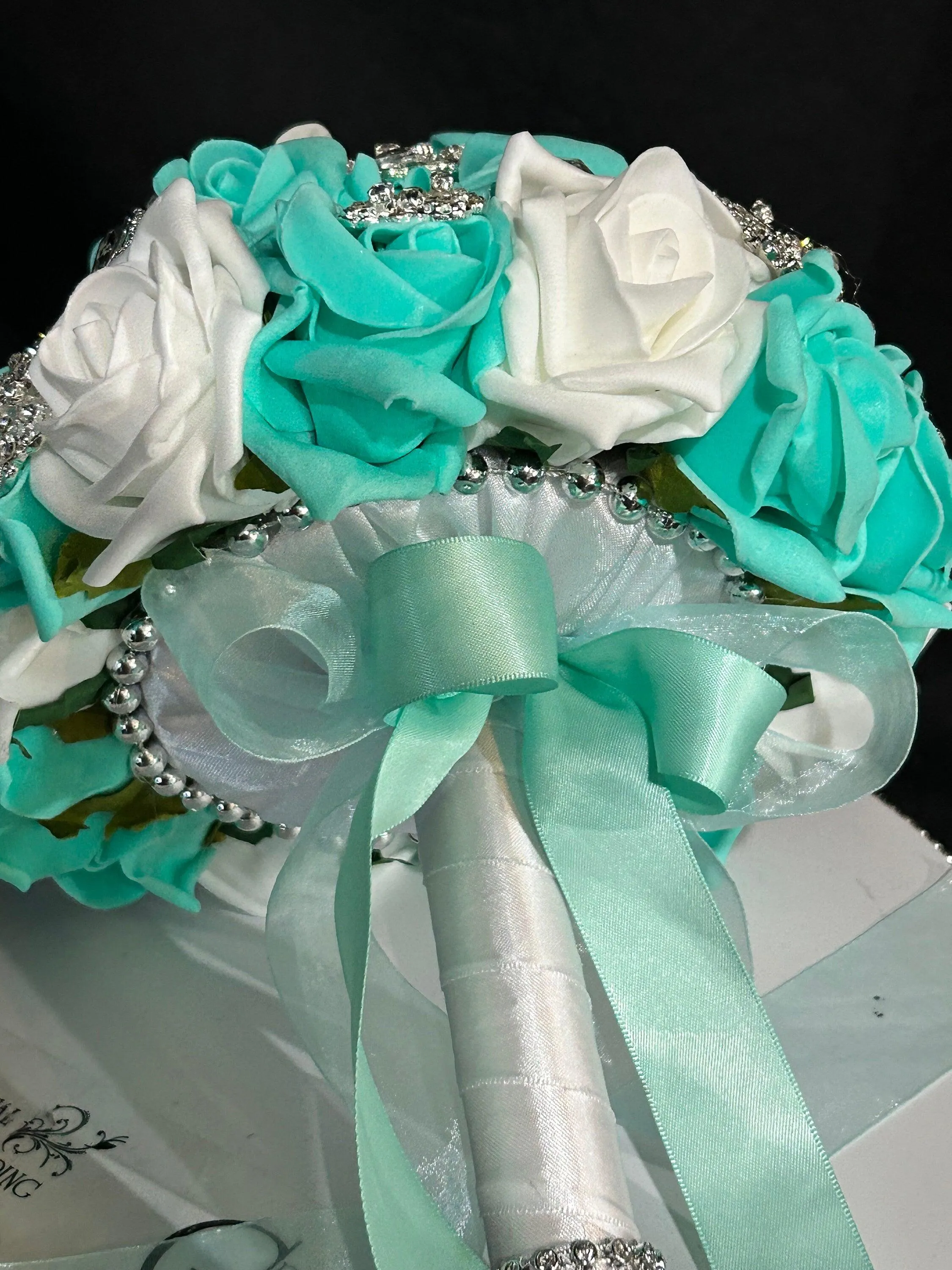 Brooch Bouquet,Robins egg blue, duck egg blue teal rose bouquet. by Crystal wedding uk