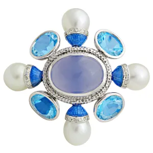 Brooch-Chalcedony, Blue Topaz, South Sea Pearl and Diamond (Enamel)