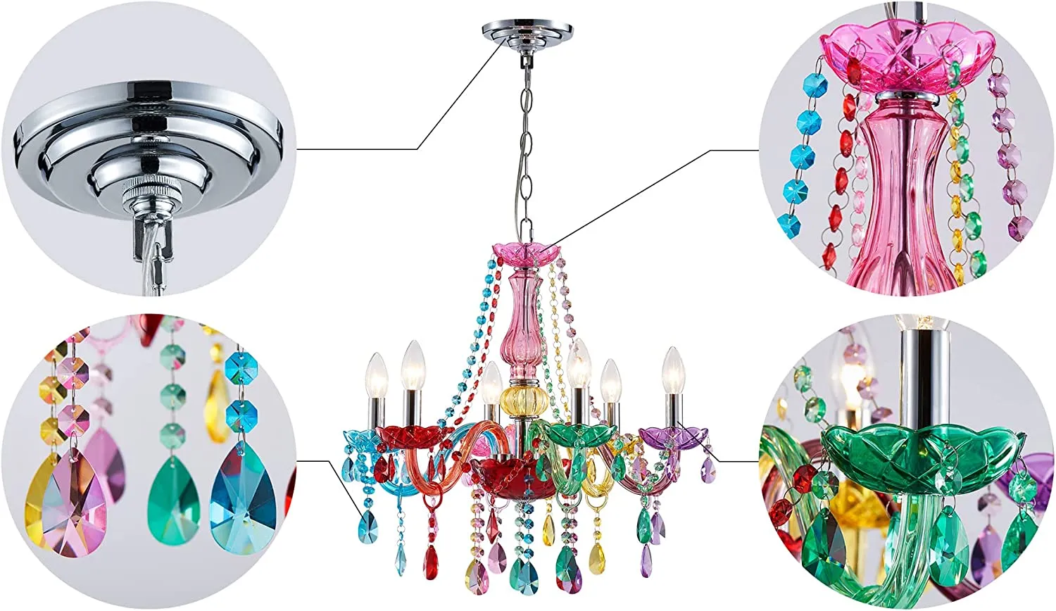 Chandelier Modern Crystal Multicolor Pendant with 6-Light