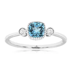 Cushion Cut Swiss Blue Topaz and Round Diamond Three Stone Ring in White Gold