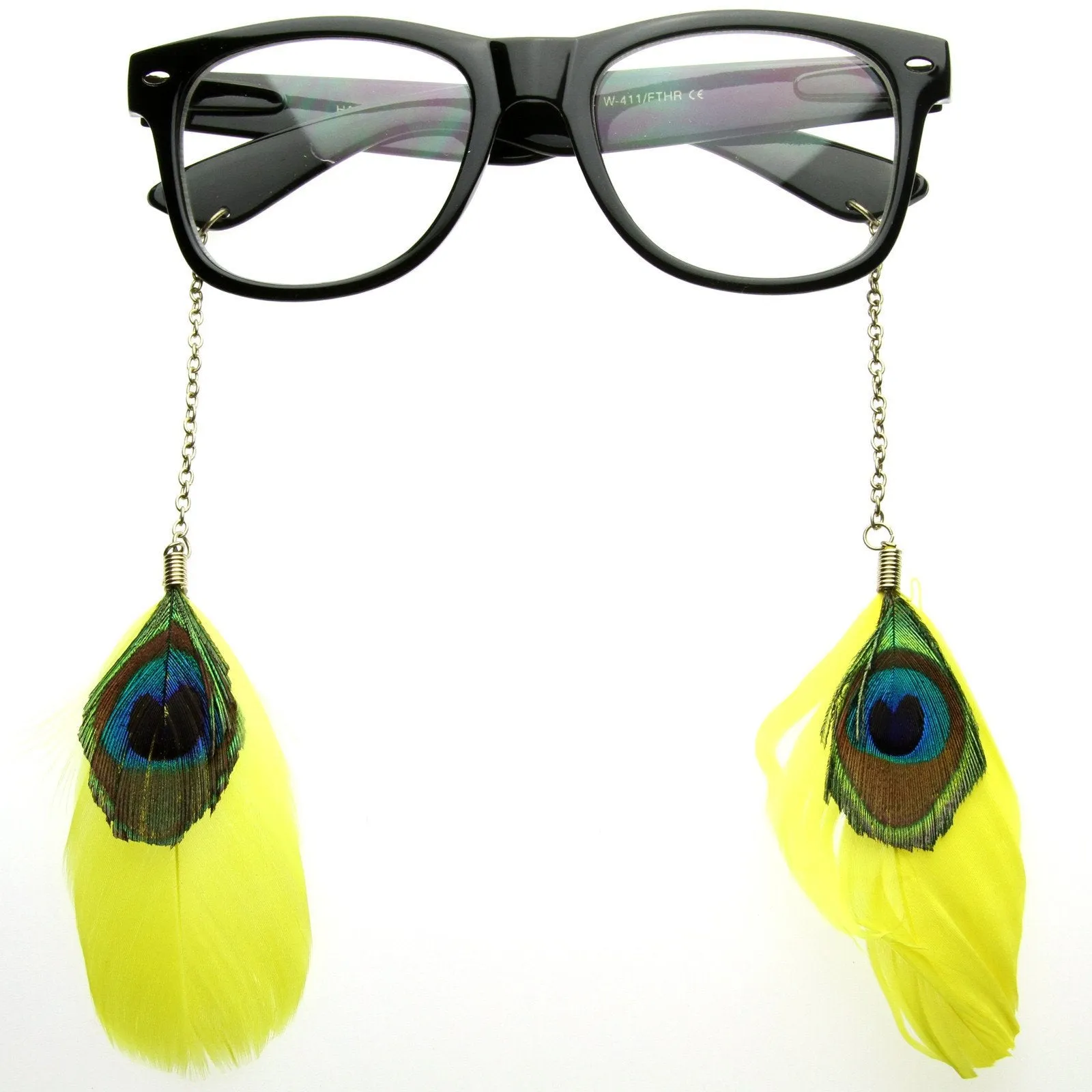 Cute Indie Feather Ear Rings Clear Lens Horned Rim Glasses 8473