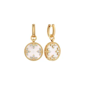 Diamond & Mother of Pearl Circle Dangle Hoop Earrings in Yellow Gold