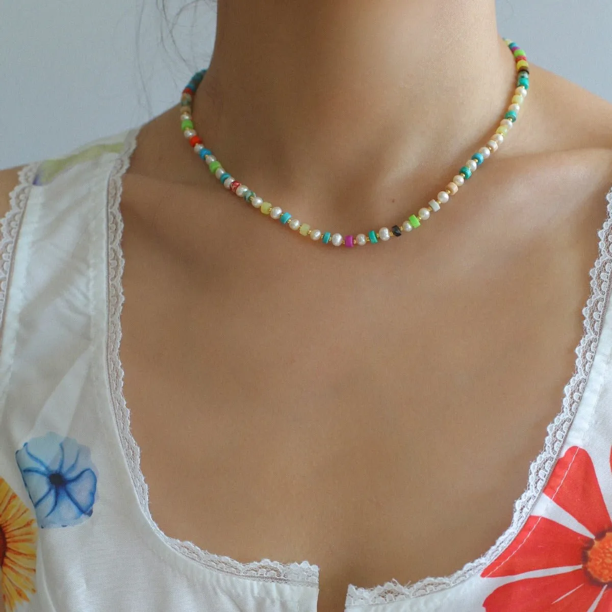 Dopamine-Colored Natural Stone and Pearl Beaded Necklace