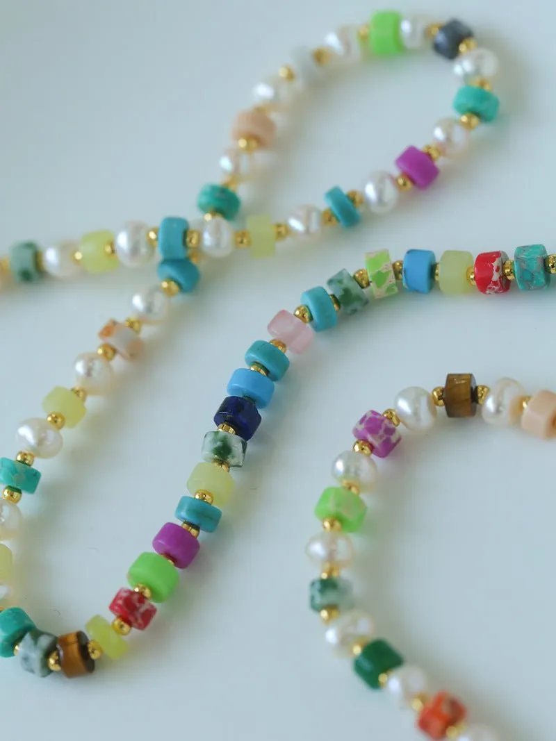 Dopamine-Colored Natural Stone and Pearl Beaded Necklace