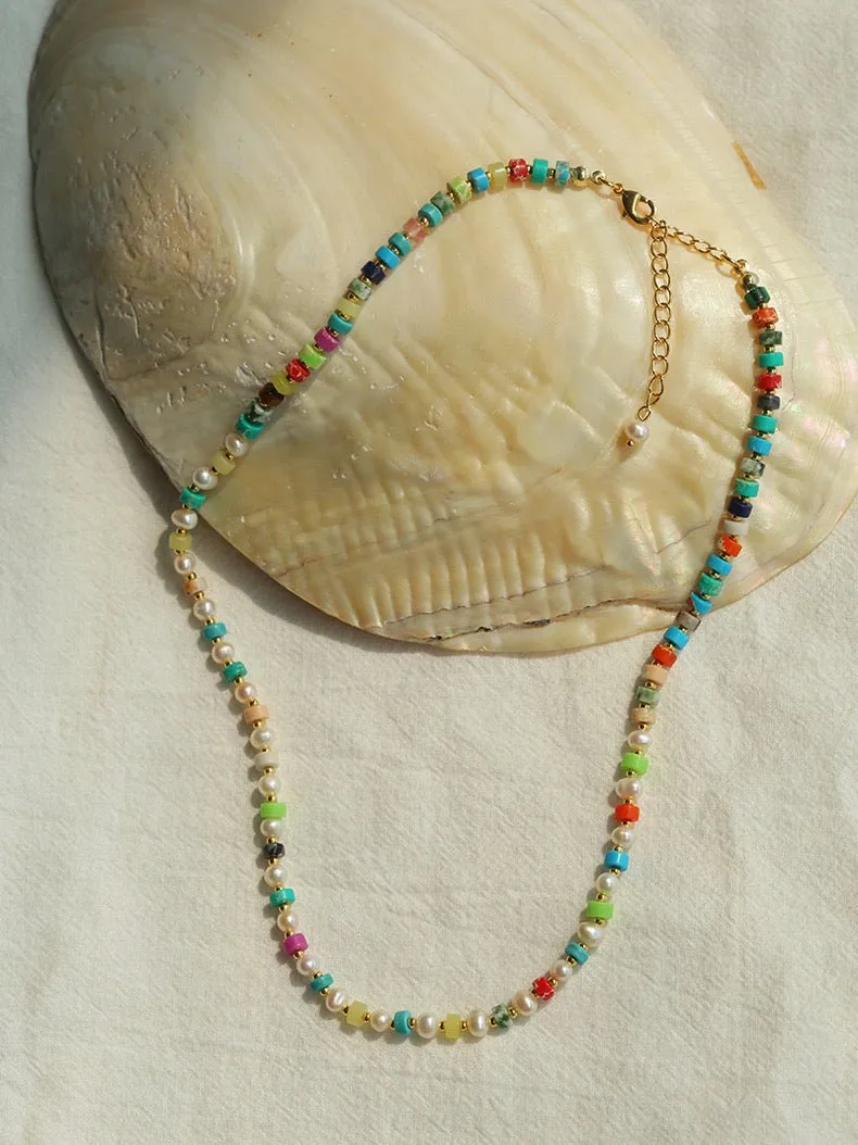 Dopamine-Colored Natural Stone and Pearl Beaded Necklace