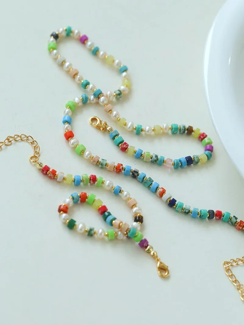 Dopamine-Colored Natural Stone and Pearl Beaded Necklace