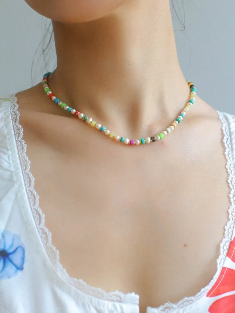 Dopamine-Colored Natural Stone and Pearl Beaded Necklace