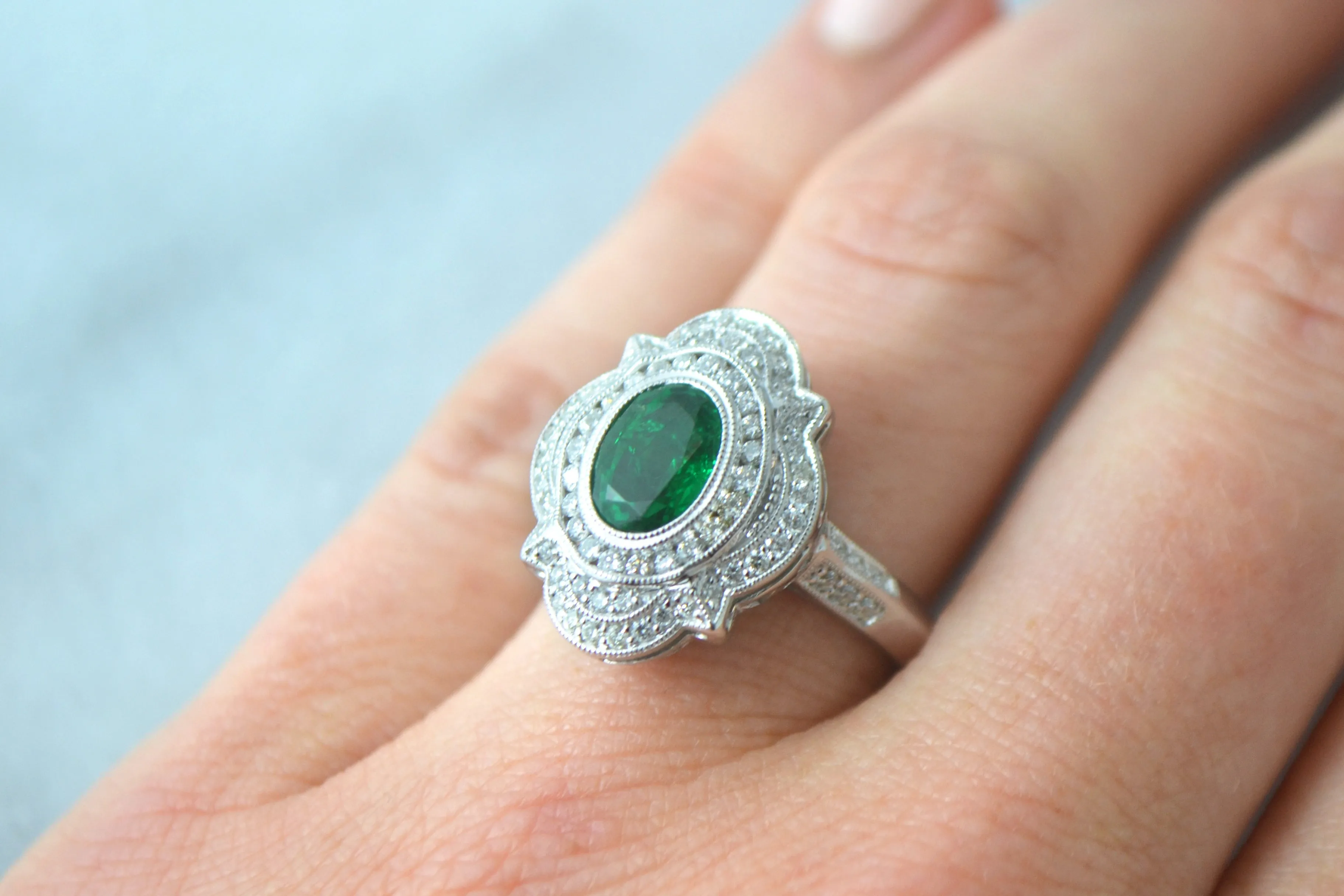 Emerald and Diamond Filigree Ring