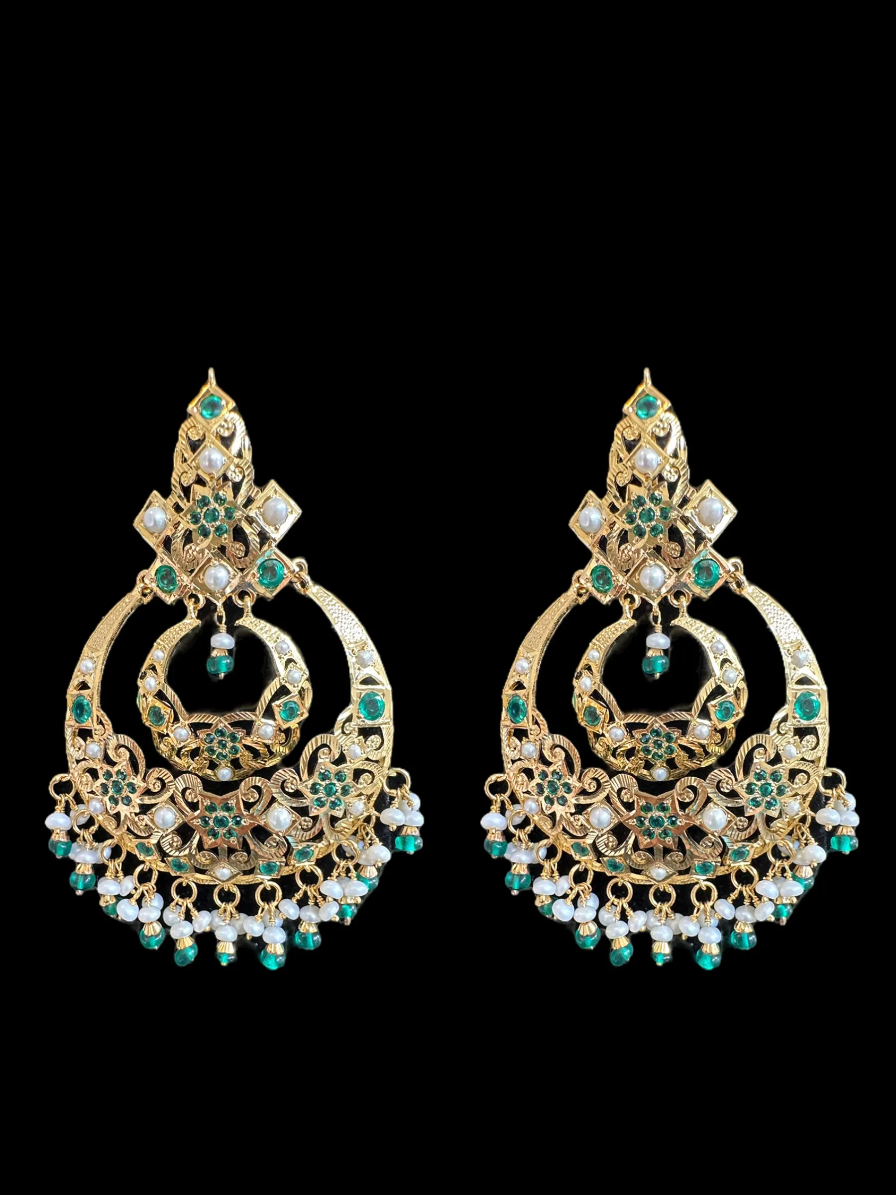 Emerald pearl gold plated silver chandbali earrings ( READY TO SHIP )