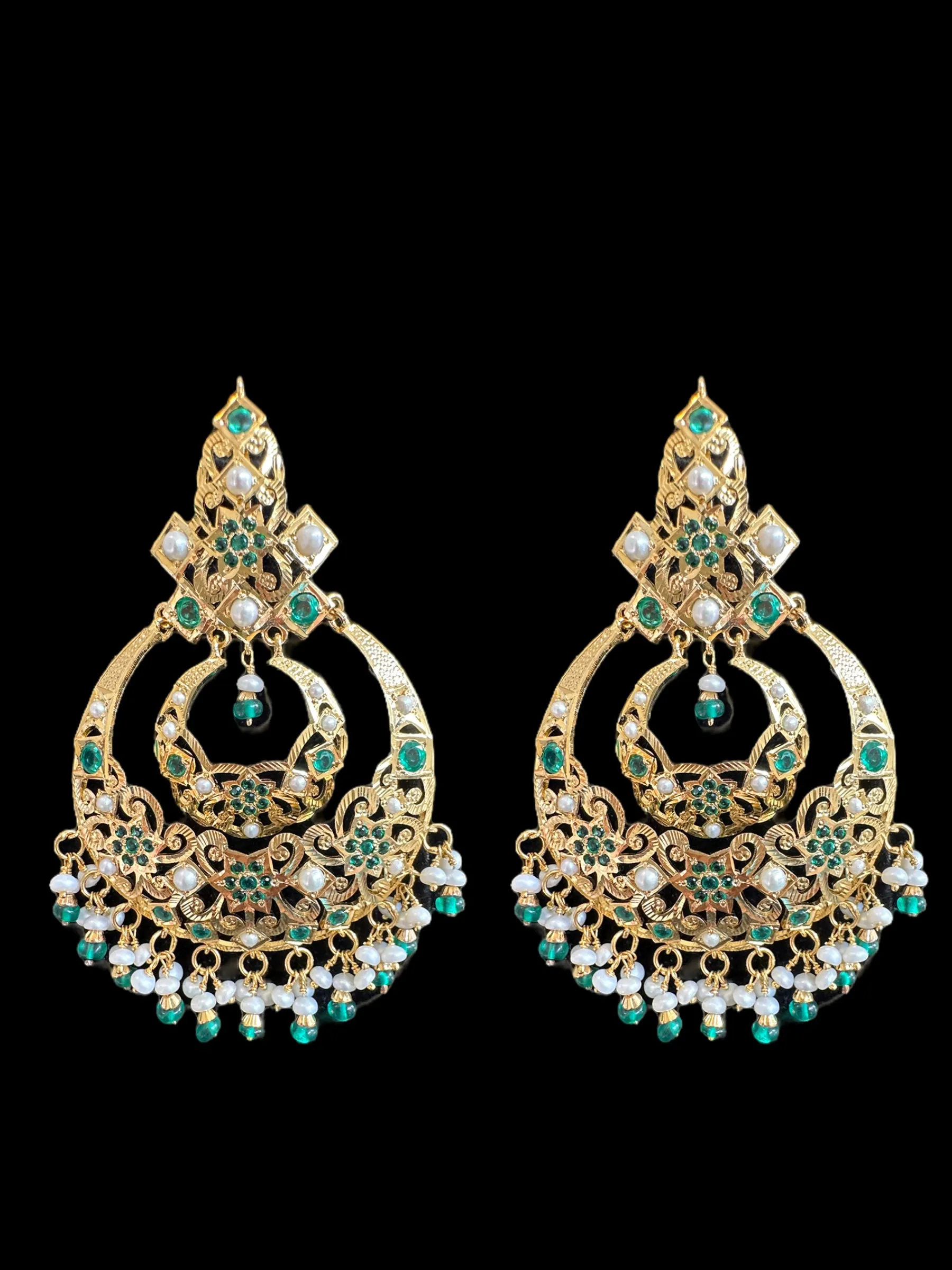 Emerald pearl gold plated silver chandbali earrings ( READY TO SHIP )