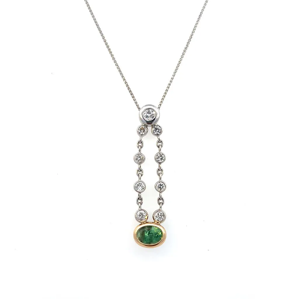 Estate 14K Two Tone Gold 1.52ctw Green Tourmaline & Diamond Drop Necklace