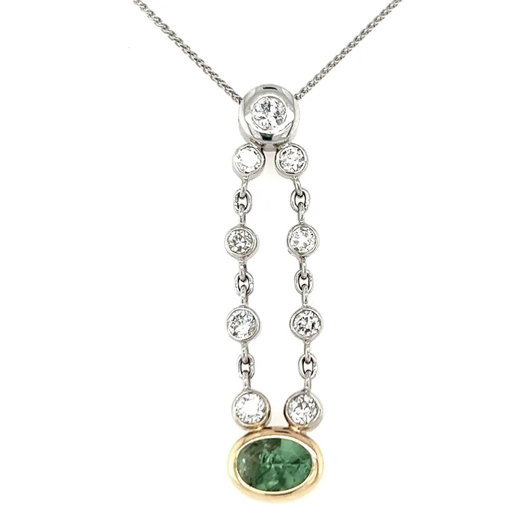 Estate 14K Two Tone Gold 1.52ctw Green Tourmaline & Diamond Drop Necklace