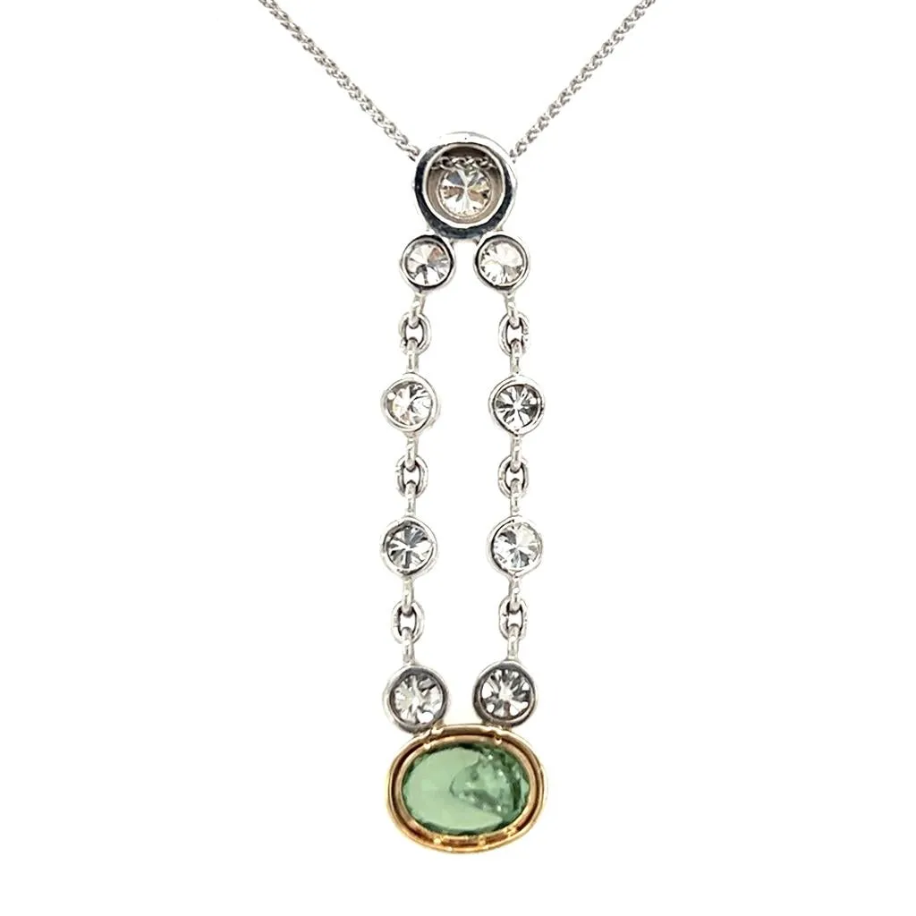 Estate 14K Two Tone Gold 1.52ctw Green Tourmaline & Diamond Drop Necklace