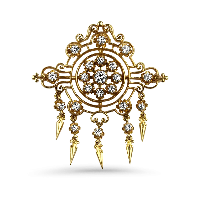 Estate 14k Yellow Gold Ornate Diamond Pin and Pendant