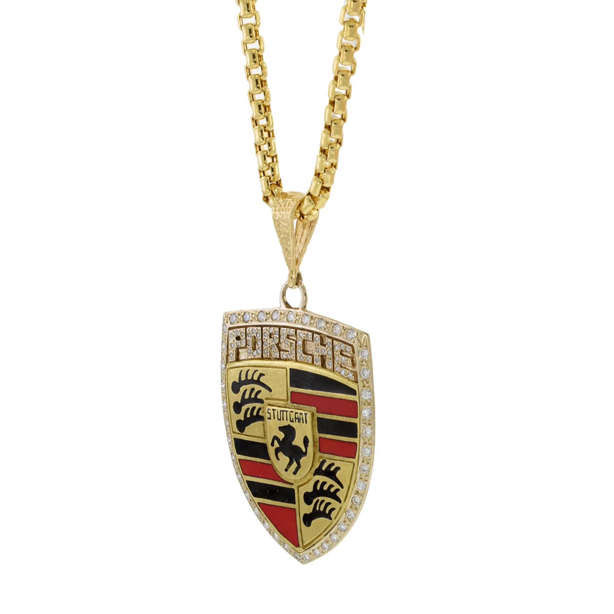 Estate 18KT Yellow Gold Porsche Emblem Pendant with Enamel and Diamonds