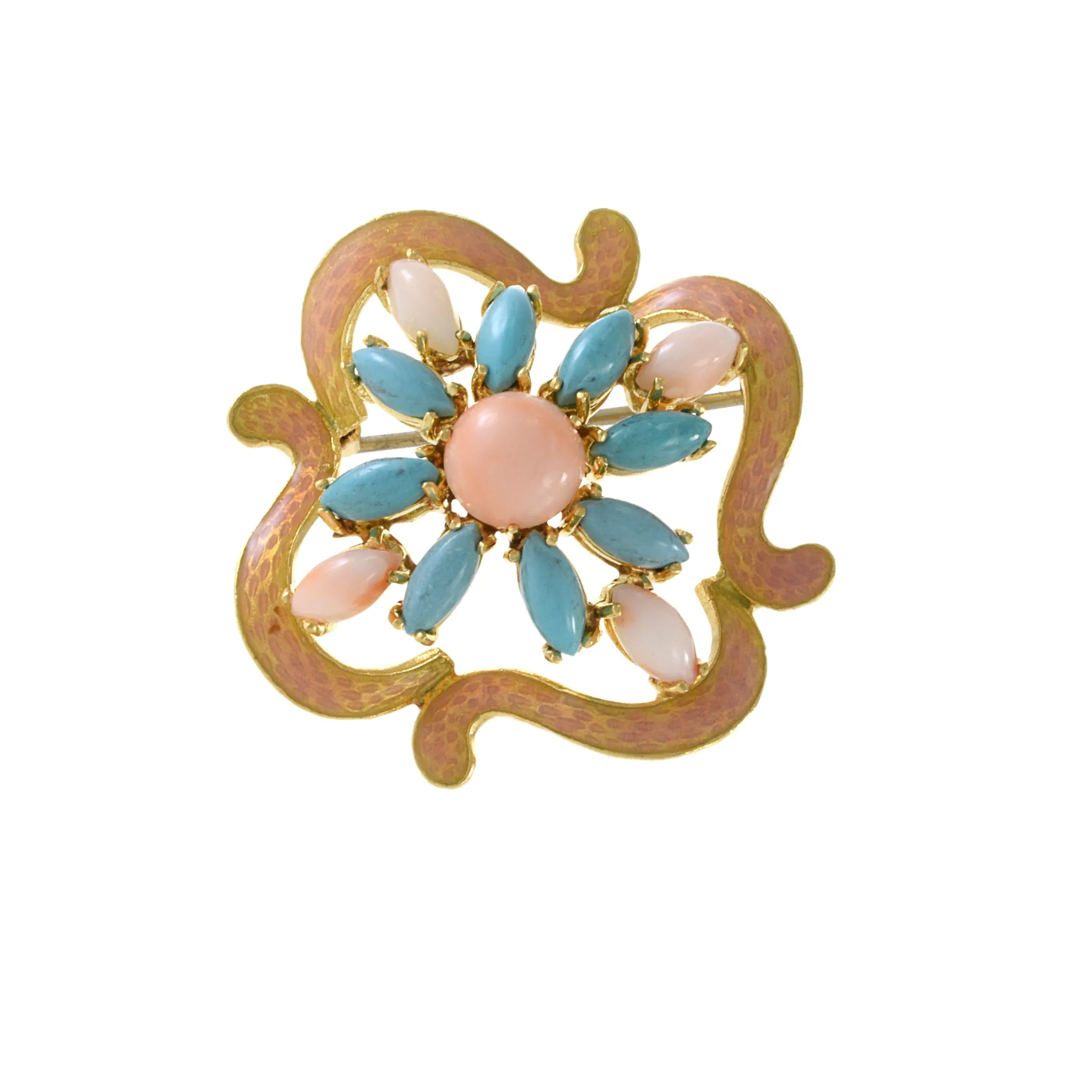 Estate Retro Era 18KT Yellow Gold Genuine Turquoise, Angel Skin Coral And Pink Enamel Brooch