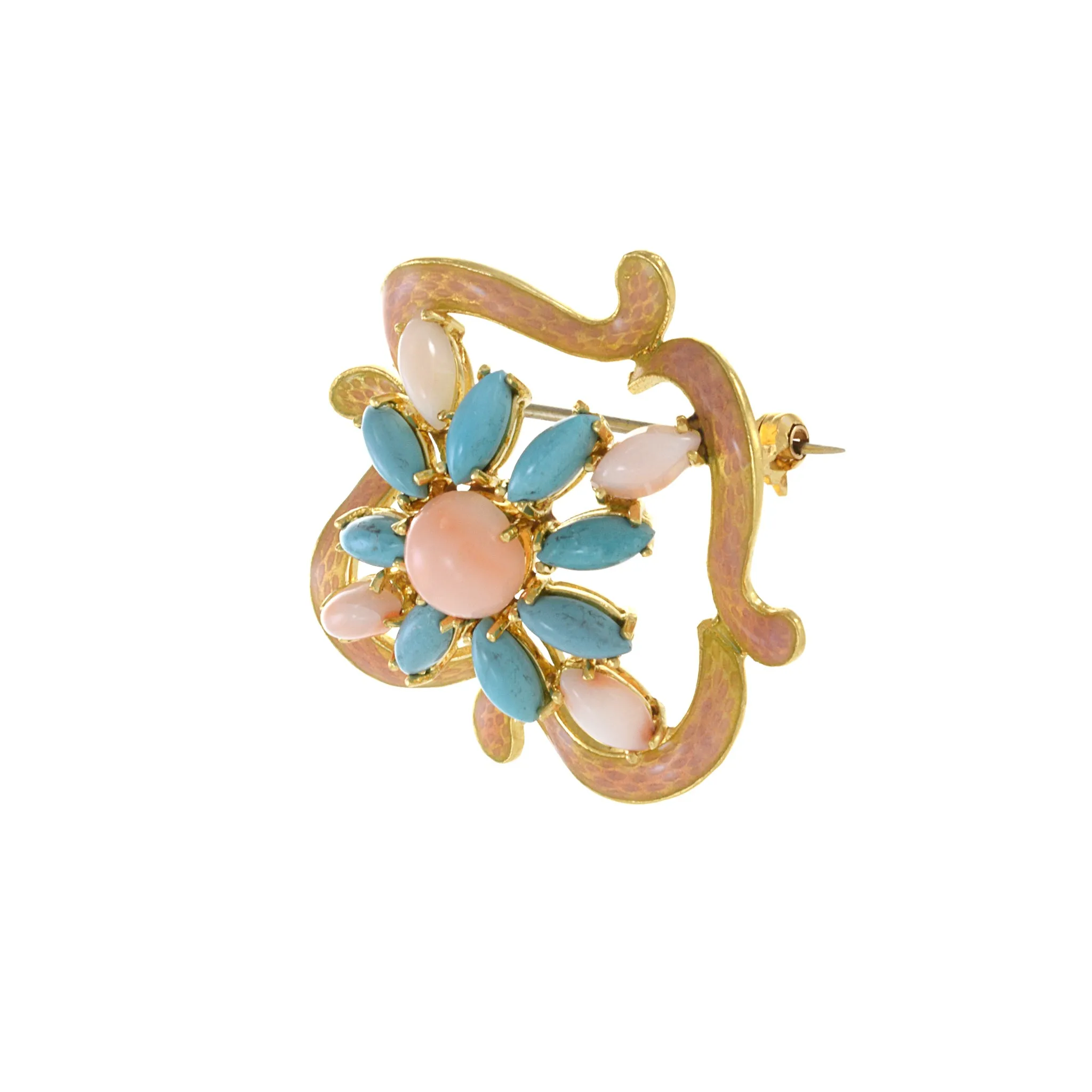 Estate Retro Era 18KT Yellow Gold Genuine Turquoise, Angel Skin Coral And Pink Enamel Brooch