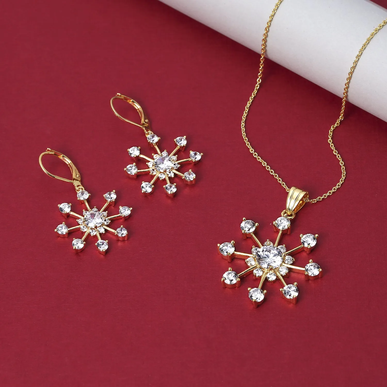 Festive Christmas CZ Snowflake Pendant Necklace for Winter Holiday Party Gold Plated