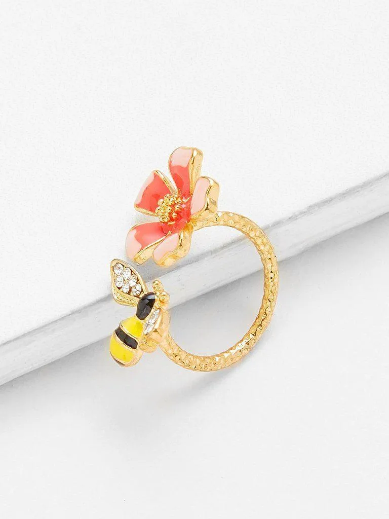 Flower And Bee Cuff Ring