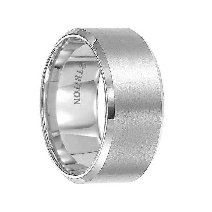 FOSTER Satin Finish White Tungsten Carbide Comfort Fit Wedding Band with Polished Beveled Edges by Triton Rings - 10 mm