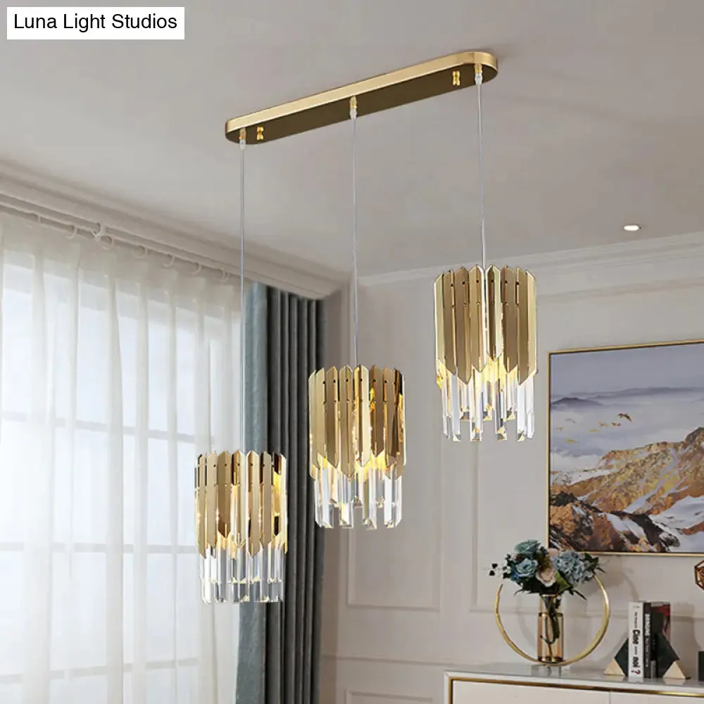 Gold Crystal Rectangle Pendant Light for Dining Room - Luxurious Layered Cluster, Clear Crystal, 3-Head Suspension