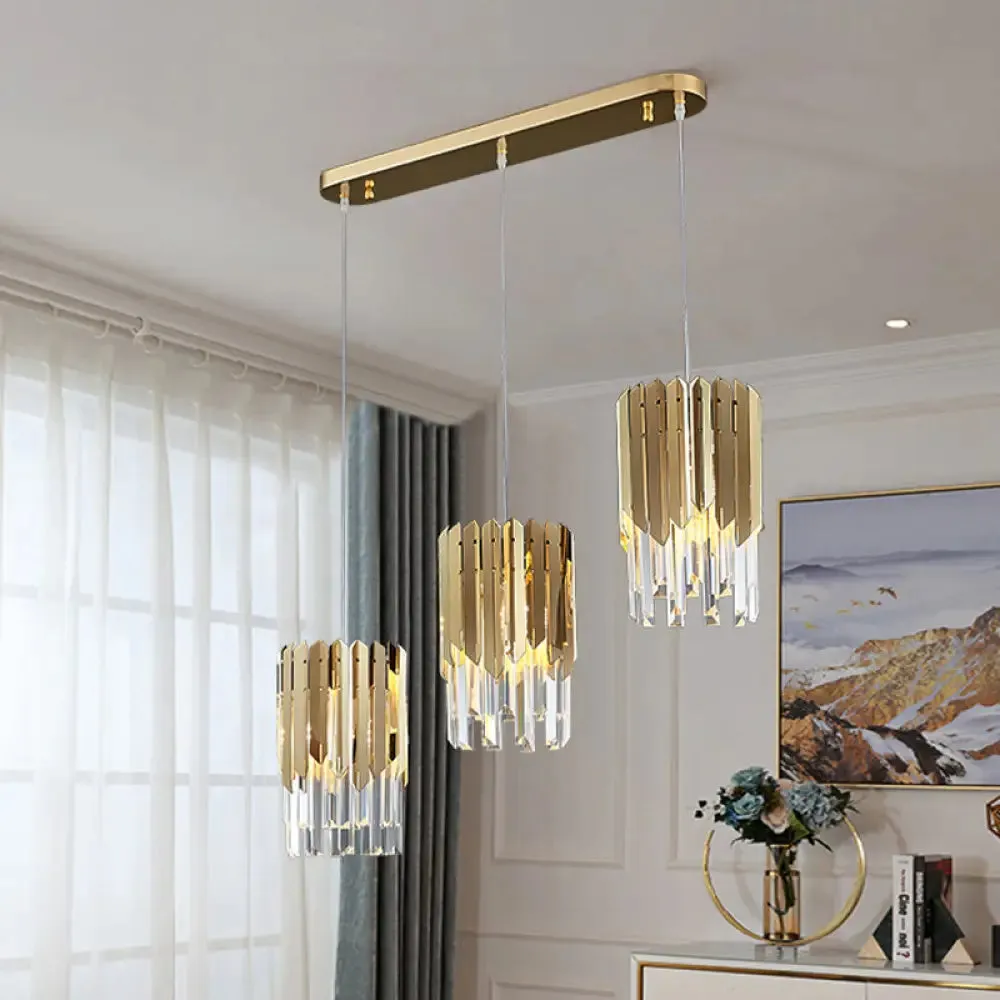 Gold Crystal Rectangle Pendant Light for Dining Room - Luxurious Layered Cluster, Clear Crystal, 3-Head Suspension