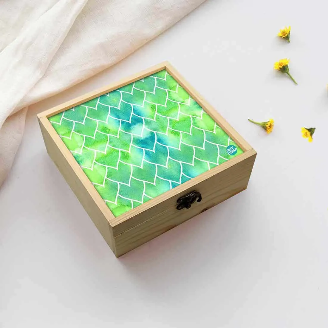 Jewellery Box Wooden Jewelry Organizer -  Green Mermaid Watercolor Pattern