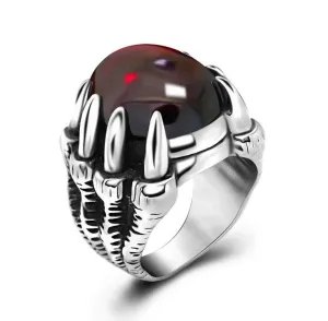 Mens Rings With Big Black/Red Stone Carved Retro Vintage Dragon Claw Engraved Rings For Men