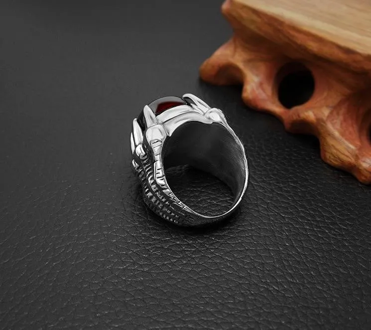 Mens Rings With Big Black/Red Stone Carved Retro Vintage Dragon Claw Engraved Rings For Men