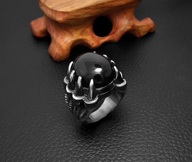 Mens Rings With Big Black/Red Stone Carved Retro Vintage Dragon Claw Engraved Rings For Men