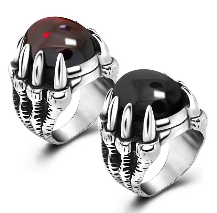 Mens Rings With Big Black/Red Stone Carved Retro Vintage Dragon Claw Engraved Rings For Men