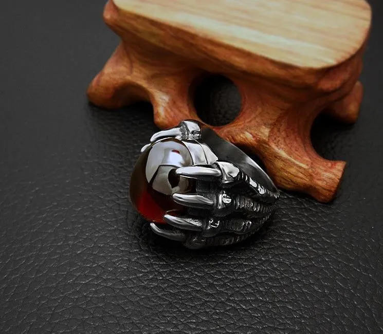 Mens Rings With Big Black/Red Stone Carved Retro Vintage Dragon Claw Engraved Rings For Men