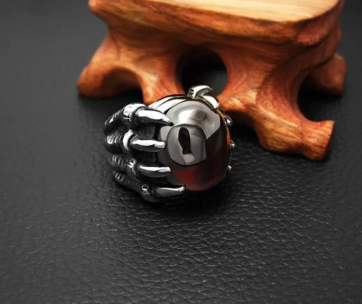 Mens Rings With Big Black/Red Stone Carved Retro Vintage Dragon Claw Engraved Rings For Men