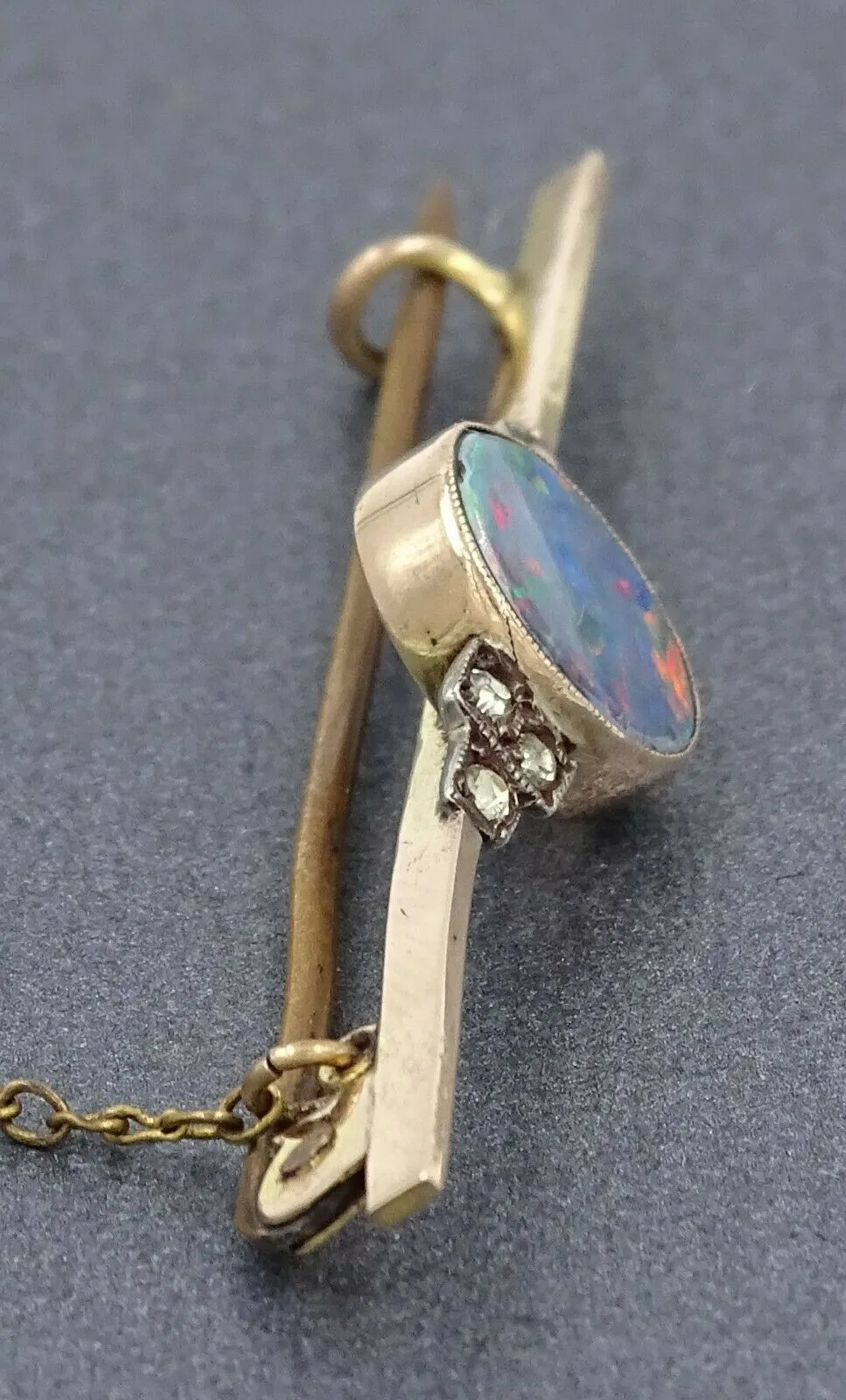 Opal Doublet 9ct Yellow Gold Brooch with Silver Safety Chain