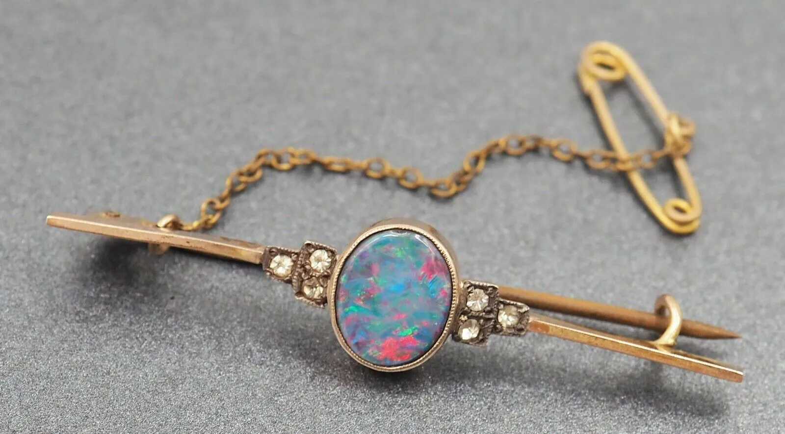 Opal Doublet 9ct Yellow Gold Brooch with Silver Safety Chain