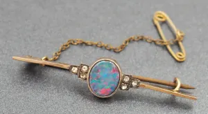 Opal Doublet 9ct Yellow Gold Brooch with Silver Safety Chain