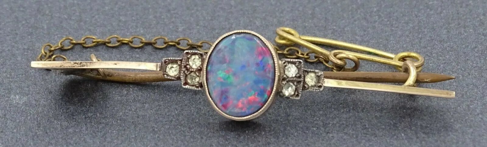 Opal Doublet 9ct Yellow Gold Brooch with Silver Safety Chain