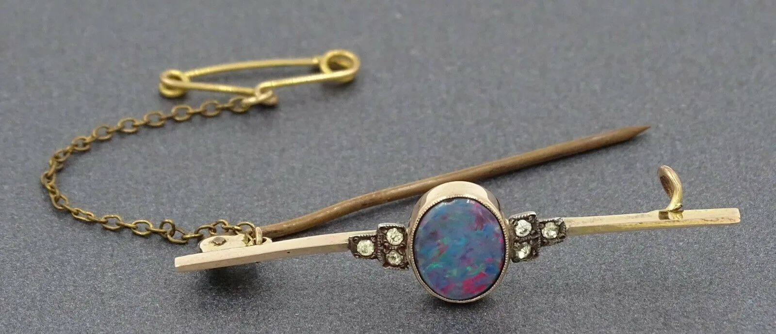 Opal Doublet 9ct Yellow Gold Brooch with Silver Safety Chain