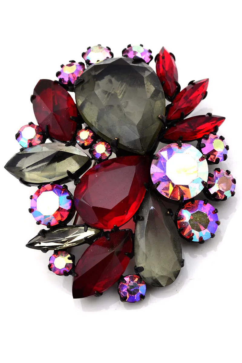 Open Back Vintage Brooch Red and Topaz Glass Stones Aurora Borealis