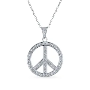 Pave CZ Peace Sign Pendant Necklace in Sterling Silver with Chain