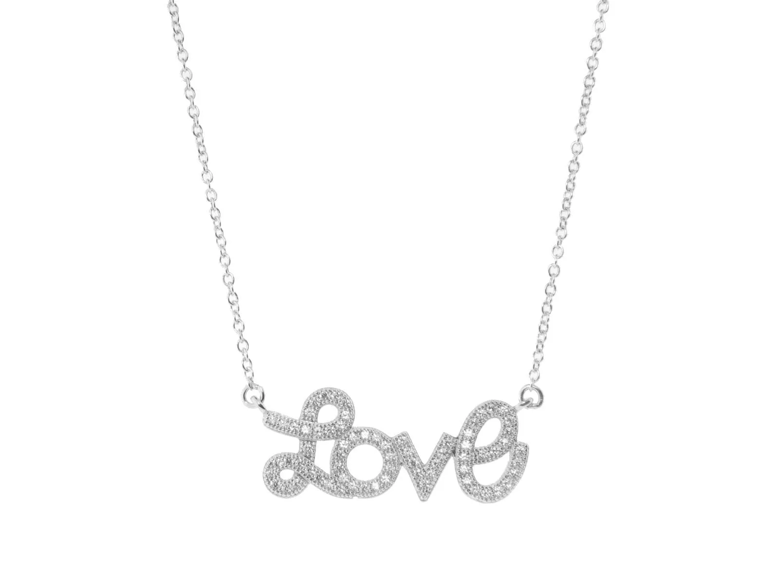 Pave Love Script Necklace in Rhodium Plated Sterling Silver, 16"   2"