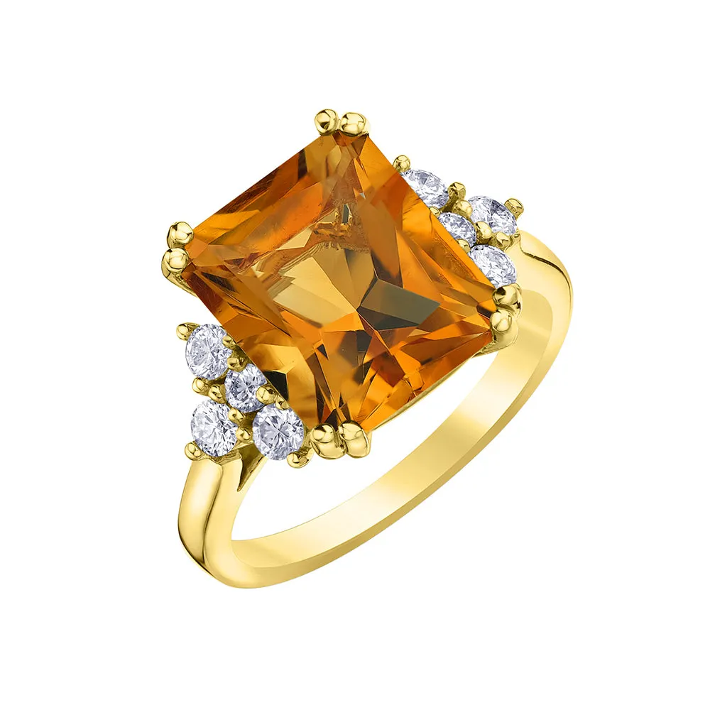 Radiant Cut Citrine and Canadian Diamond Ring