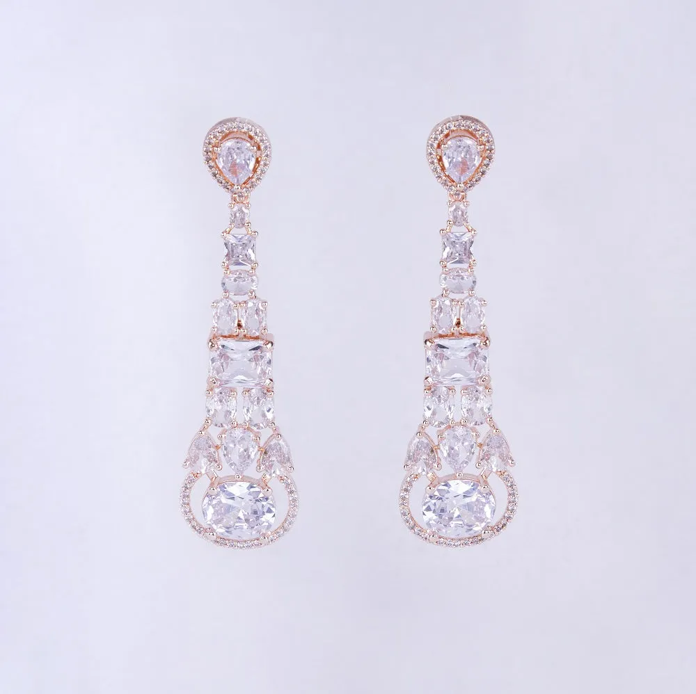 Radiant White Melody: Brass Rose Gold CZ Earrings